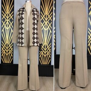 1970s pantsuit, tan polyester, argyle, vintage pantsuit, jacket and flared pants
